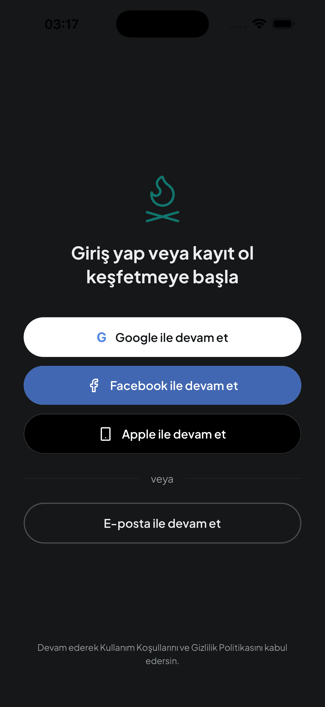 Camped uygulamasının giris ekrani