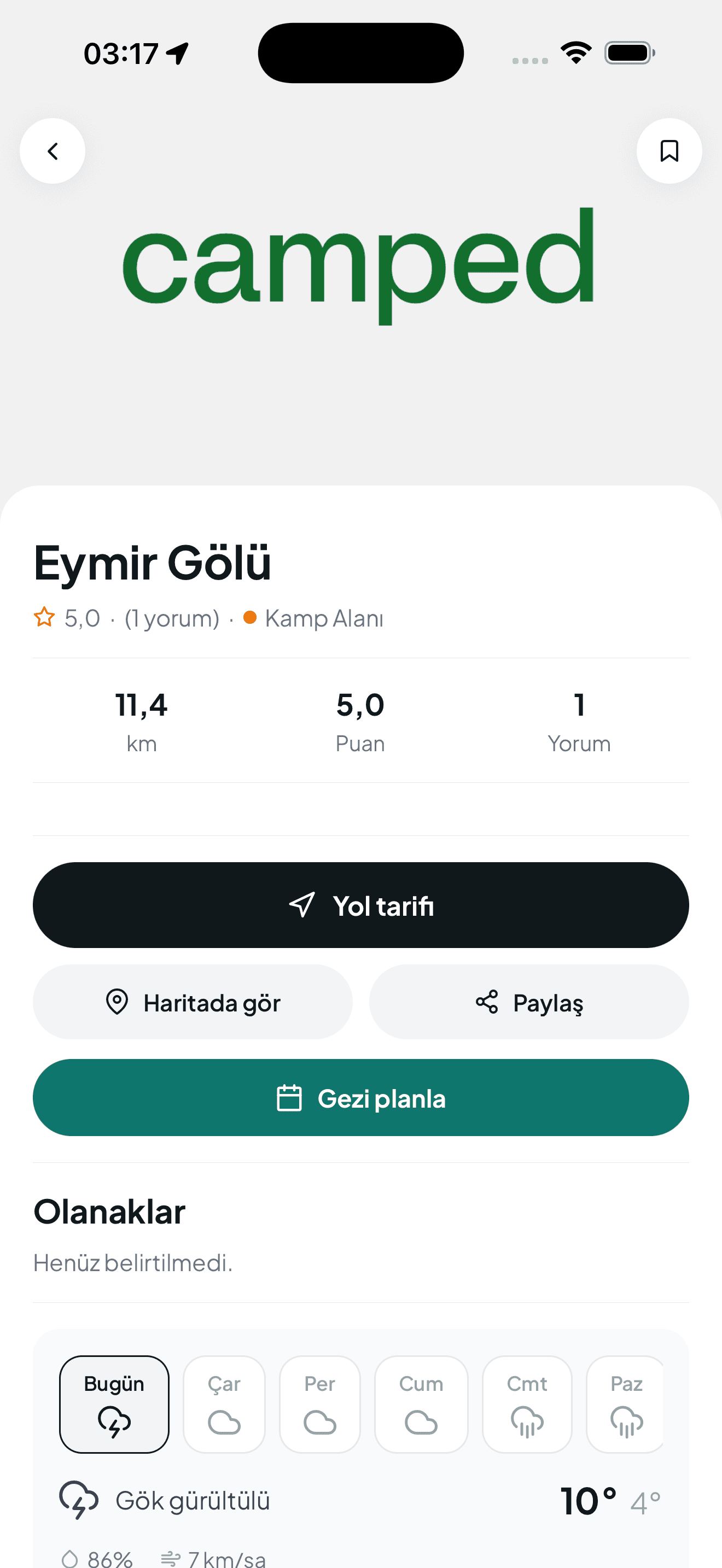 Camped kamp detay ekrani